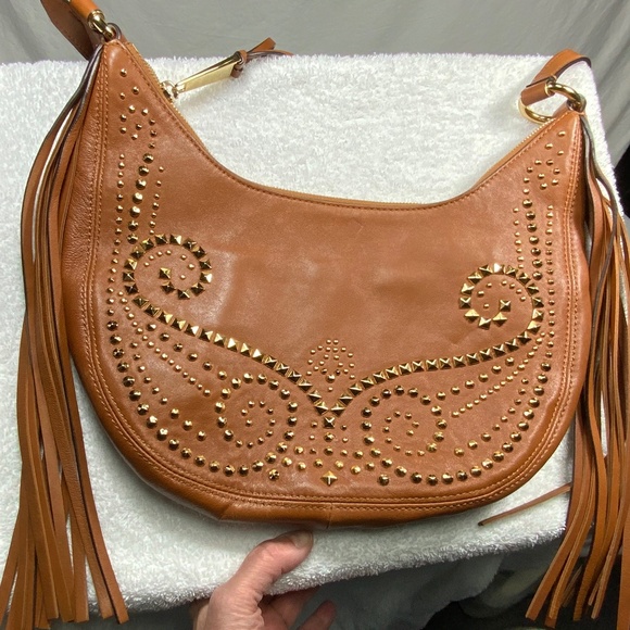 Michael Kors Rhea Leather Fringe Studded Shoulder bag - Picture 1 of 11
